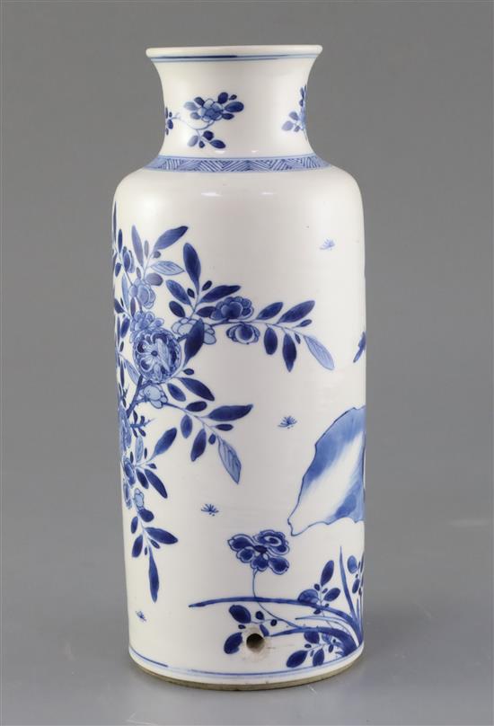 A Chinese blue and white cylindrical vase, Kangxi period, H. 26cm, drilled hole to side of the base